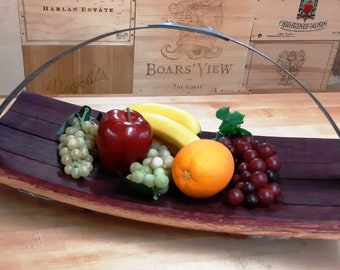 Bread Board with handle for bread, Fruit Bowl, Sushi or Cheese Plate made From Wine Barrel Stave and metal band