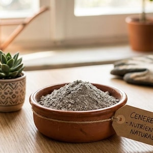 Può includere: Una ciotola di terracotta piena di cenere grigia, etichettata "Cenere Bio - Nutriente Naturale", è appoggiata su un tavolo di legno. Sono visibili anche una piccola pianta grassa in un vaso decorato e un annaffiatoio di rame.