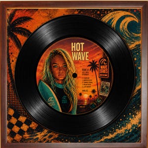 以下が含まれることがあります： 「HOT WAVE」と書かれた、女性とサーフボードのイラストが描かれた、額縁に入ったレコード。夕焼け、ヤシの木、波が描かれています。フレームは茶色で、「WAVE SERIES」の文字があります。