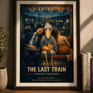 以下が含まれることがあります： 2 人と猫と一緒に電車に乗っている Shoebill Passenger を描いた額入りのアートプリント。アートワークは、テキスト「THE LAST TRAIN」と引用「誰も一人で旅をしない。去る人もいれば、到着する人もいる」を備えたヴィンテージ美学を持っています。