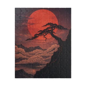 Crimson Sun and the Lone Pine Mythical Japanese Landscape Jigsaw Puzzle  Wall Art After Completion