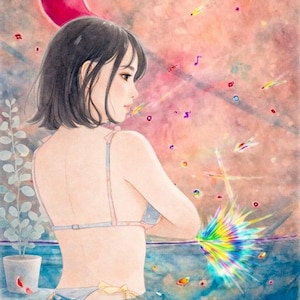 以下が含まれることがあります： 青とピンクのビキニを着た人物の水彩イラスト。視線を外しています。虹色の光が人物の腕から発せられています。背景には、浮遊する形のあるピンクとオレンジの空があります。