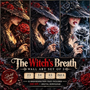 The Witch's Breath Gothic Wall Art Set of 3, Dark Witch and Frozen Rose Prints, Gothic Fantasy Decor, Digital Download