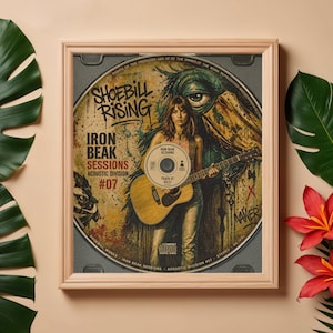 May include: A framed print featuring a woman with a guitar, set against a backdrop resembling a CD. The artwork is titled "Shoebill Rising" with "Iron Beak Sessions Acoustic Division #07" text. The color palette includes browns, greens, and yellows.