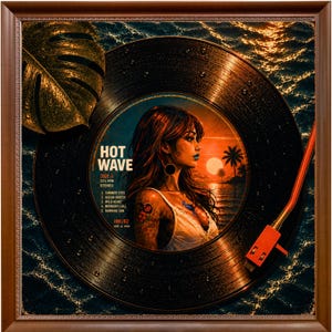 以下が含まれることがあります： 「HOT WAVE」の文字が入ったレコード盤が描かれた額装アート。レコードの中心には夕焼けの女性が描かれています。赤いトーンアームがレコードから伸びています。大きな葉と海のような背景が、このイメージを完成させています。