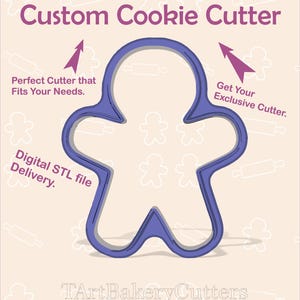 Op de afbeelding: Een paarse gingerbread man koekjessnijder. De afbeelding bevat de tekst "Custom Cookie Cutter", "Perfect Cutter that Fits Your Needs", "Get Your Exclusive Cutter" en "Digital STL file Delivery."