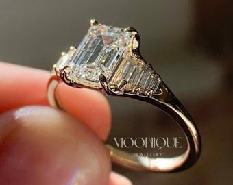 2CT Emerald Cut Moissanite Engagement Ring 14K Solid Gold Side Stone Three Baguette