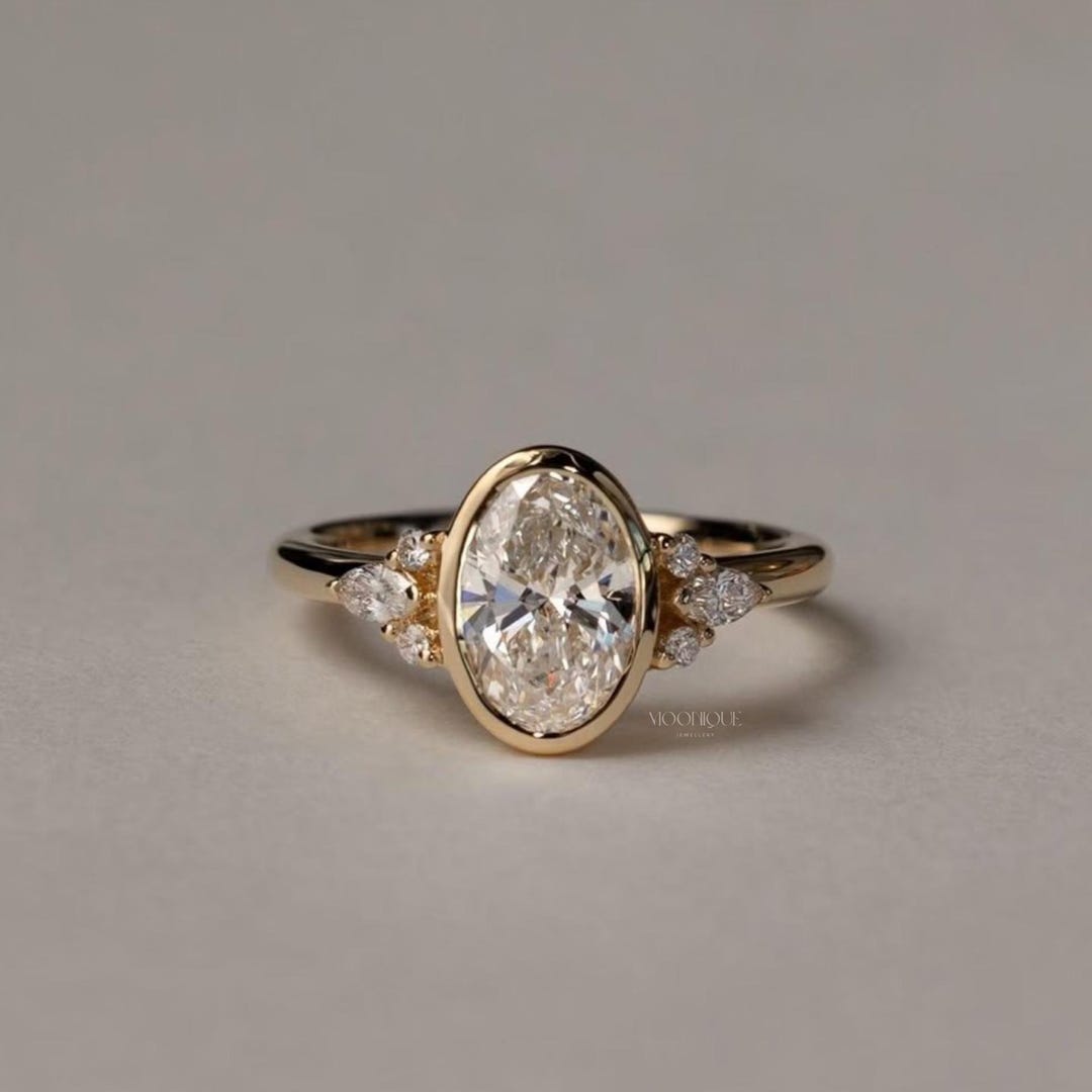 3CT Oval Cut Moissanite Engagement Ring 14K Solid Gold Full Bezel Set ...