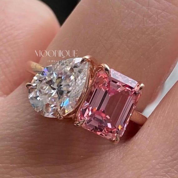 Pear and Emerald Cut Moissanite Toi Et Moi Ring 14K Solid Gold Engagement Jewelry