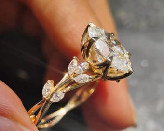3CT Oval Cut Moissanite Ring, 14K Solid Gold Leaf Band Engagement Jewelry