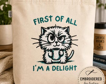 Embroidered Tote Bag for Cat Lovers Sarcastic Humor Gift for Introvert Cat Mom Library Coffee Addicts Everyday Pet Gift for Funny Cat Dad