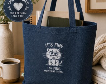 Embroidered Cat Denim Tote Bag Readers Gift Bookworms Book Lover Bag Coffee Lovers Daily Errands Canvas Carryall Market Gift For Readers