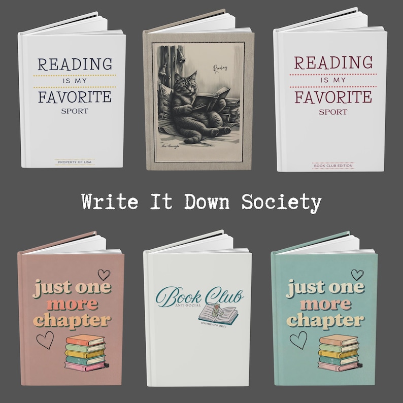 May include: A collection of six books with various covers. The top row features books with the text "Reading is my favorite sport." The middle book has a cat reading. The bottom row has books with the text "Just one more chapter" and "Book Club".