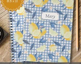 Personalized Lemon Gingham Notebook Custom Name Journal Preppy Blue Aesthetic Planner Cutecore Summer Gift for Tween Her Bridal Party Favor