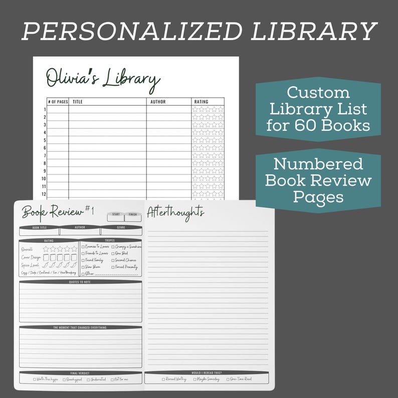 May include: A personalized library journal with a white background. The journal includes a custom library list for 60 books, book review pages, and space to record book titles, authors, and ratings. The text "PERSONALIZED LIBRARY" is at the top.
