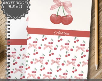 Personalized Dark Cherry Coquette Notebook Custom Name Girly Pink Bow and Cherries Journal for Back to School Teen Girl Aesthetic Journaling