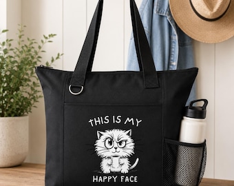 Black Canvas Tote Bag Funny Mental Health Gift Sarcastic Cat Meme Everyday Office Humor Mental Health Zipper Tote with Water Bottle Pocket