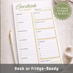 Overthink My Week Weekly Planner Notepad 50 Page Tear Off Weekly Desk Pad Magnetic Fridge Habit Tracker Meal Planning Brain Dump Organizer