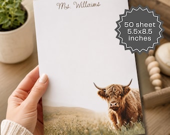 Personalized Teacher Notepad Custom Name Note Pad Highland Cow Stationery Gift Rustic Farmhouse Desk Pad Classroom Supplies Magnetic Notepad