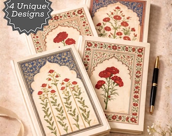 Vintage bloemen hardcover dagboek – op Mughal geïnspireerd botanisch notitieboek – indigoblauw goud, rode anjer, sierlijk cadeau voor schrijvers