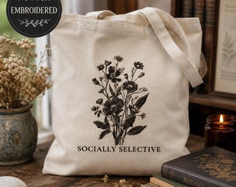 Dark Academia Wildflowers Tote Bag Book Lover Gift for Readers Introvert Book Canvas Bag Accessory Botanical Embroidered Cottagecore Style