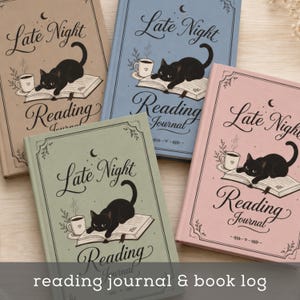 May include: Four hardcover reading journals in beige, blue, green, and pink. Each cover features a black cat lying on an open book next to a steaming mug, with the text Late Night Reading Journal written in a decorative script font.