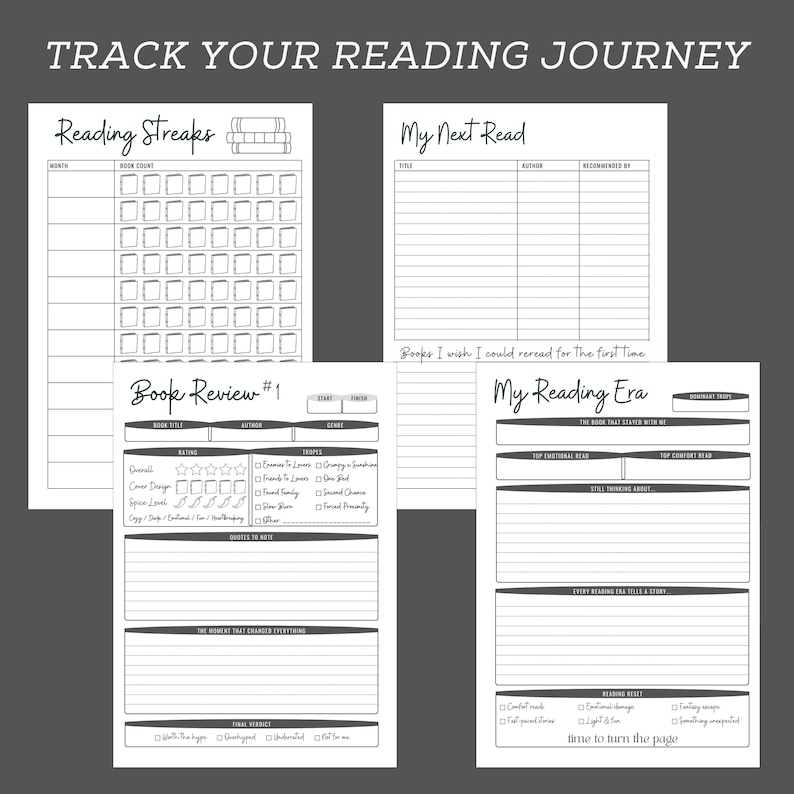 May include: A collection of white paper pages with black text, designed for tracking reading habits. The pages include sections for reading streaks, book reviews, and recording the reader's next read. The text "Track Your Reading Journey" is at the top.