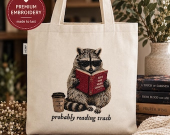 Embroidered Tote Bag for Romance Novel Readers Funny Raccoon Meme Book Lover Gift BookTok Merch Funny Book Bag Hemp Canvas Everyday Carryall
