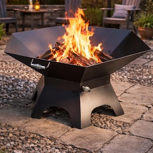 May include: A black metal fire pit with a geometric design, filled with burning wood and bright orange flames. The fire pit has a sturdy base and handles. It is set on a stone patio, with chairs and string lights in the background.