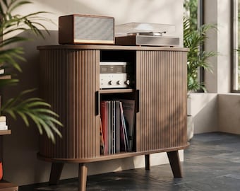 Mid Century Record Player Stand, Walnut Vinyl Storage Cabinet with Fluted Sliding Doors, Wooden Turntable Console Table