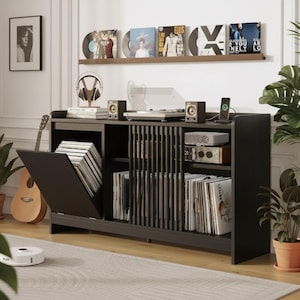 May include: A black record storage cabinet with a turntable, speakers, and a collection of vinyl records. A guitar leans against the cabinet, and potted plants add greenery. A framed picture hangs on the wall above.