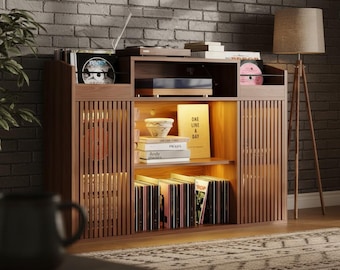 Large Record Player Stand, Mid Century Modern Turntable Console with Sliding Barn Doors