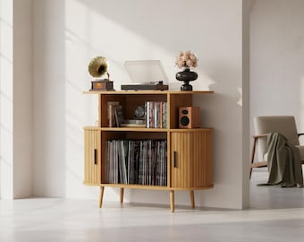 Record Player Stand with Vinyl Storage, Mid Century Turntable Cabinet Holds 150+ Albums, Wood Media Console Shelf