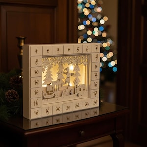 LED Wooden Advent Calendar, Gold Winter Scene, Christmas Countdown
