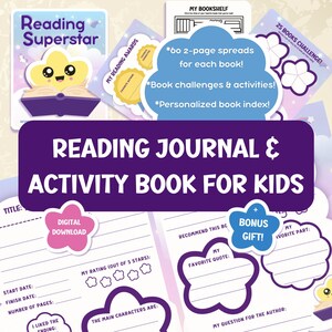 May include: A Reading Journal & Activity Book for Kids, featuring a purple and white design. Includes prompts for book reviews, challenges, and a personalized book index. Includes a digital download and bonus gift.