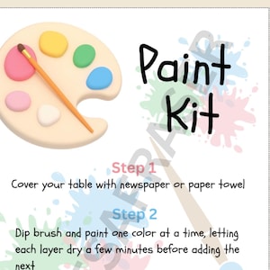 May include: A rectangular instruction card for a Paint Kit featuring a graphic of a paint palette with a brush. The text includes three steps for painting, instructions to keep plaster dry, and a warning about small parts for children under 3.