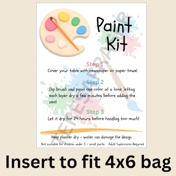 Plaster Paint Kit Instructions Card, DIY Craft Kit Insert, Kids Craft Card, Party Favor Packaging Insert, Printable Digital Download