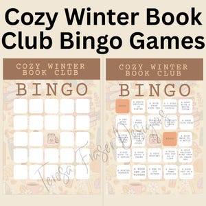 以下が含まれることがあります： 本、マグカップ、葉のイラストが描かれたライトベージュの背景のCozy Winter Book Clubビンゴカード2枚。カードには茶色のヘッダーがあり、Cozy Winter Book ClubとBINGOの文字と、各マスに読書に関するプロンプトが記載されています。