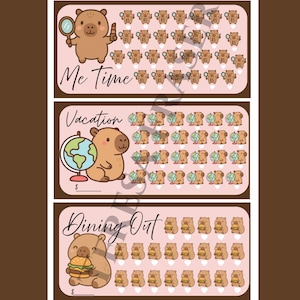 Puede incluir: Tres tarjetas rosas de seguimiento de ahorro con capibaras de dibujos animados. La tarjeta superior dice "Me Time" y presenta un capibara con una lupa. La tarjeta del medio dice "Vacation" con un globo. La tarjeta inferior dice "Dining Out" con una hamburguesa.
