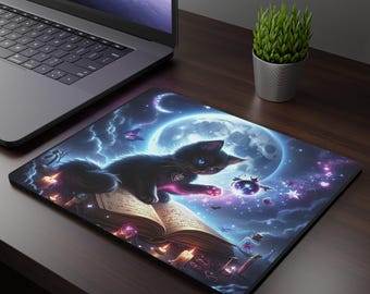 Mystical Black Kitten with Moonlit Spell Rectangular Mouse Pad