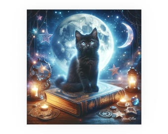 Celestial Kitten Art Print: Moonlit Black Cat, Whimsical Wall Decor