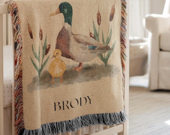 Personalized Mallard Duck Baby Name Blanket Custom Woodland Nursery Decor Rustic Cabin Throw Hunting Heirloom Lake Woven Keepsake Boy Gift