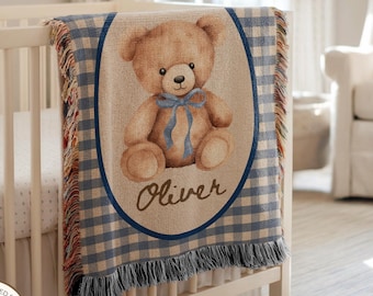 Gepersonaliseerde klassieke teddybeer babydeken met aangepaste naam, blauwe ruitjesprint, babykamerdecoratie, erfgoed babybeddengoed, pasgeboren jongen, babyshower