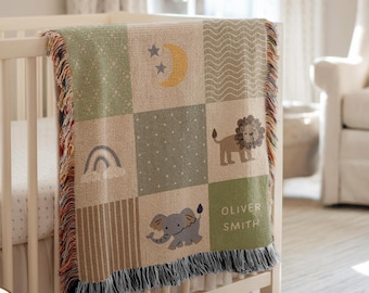 Gepersonaliseerde safari babydeken, jungle babydeken, babydeken met eigen naam, safari thema babykamerdecoratie, dierentuin baby shower cadeau voor pasgeborene