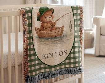 Gepersonaliseerde kleine visser babydeken vissen beer aangepaste naam decor kinderkamer jongens kamer decor geweven deken erfstuk babyjongen cadeau-ideeën