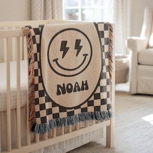 Personalized Smiley Face Baby Blanket Custom Name Retro Checkerboard Skater Nursery Decor Boys Room Unique Boho Keepsake Baby Shower Gift