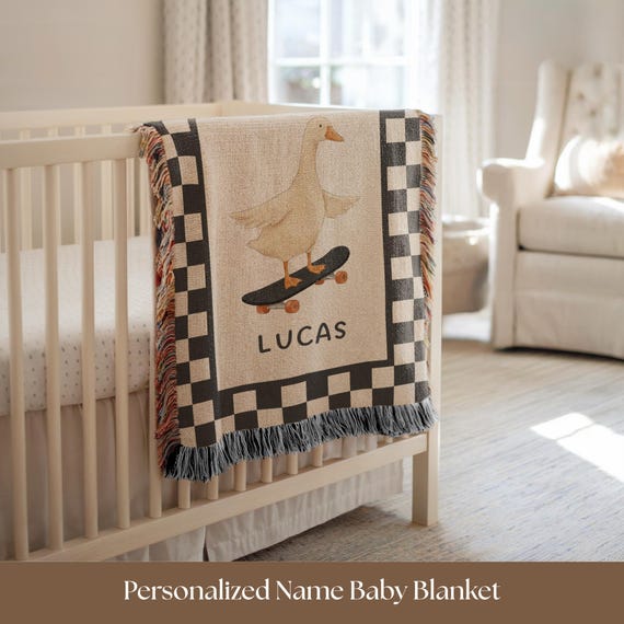 Rad Little Dude Baby Blanket Skater Goose Custom Name Throw Checkerboard Modern Nursery Accent Boys Room Decor Woven Toddler Gift Idea Boy