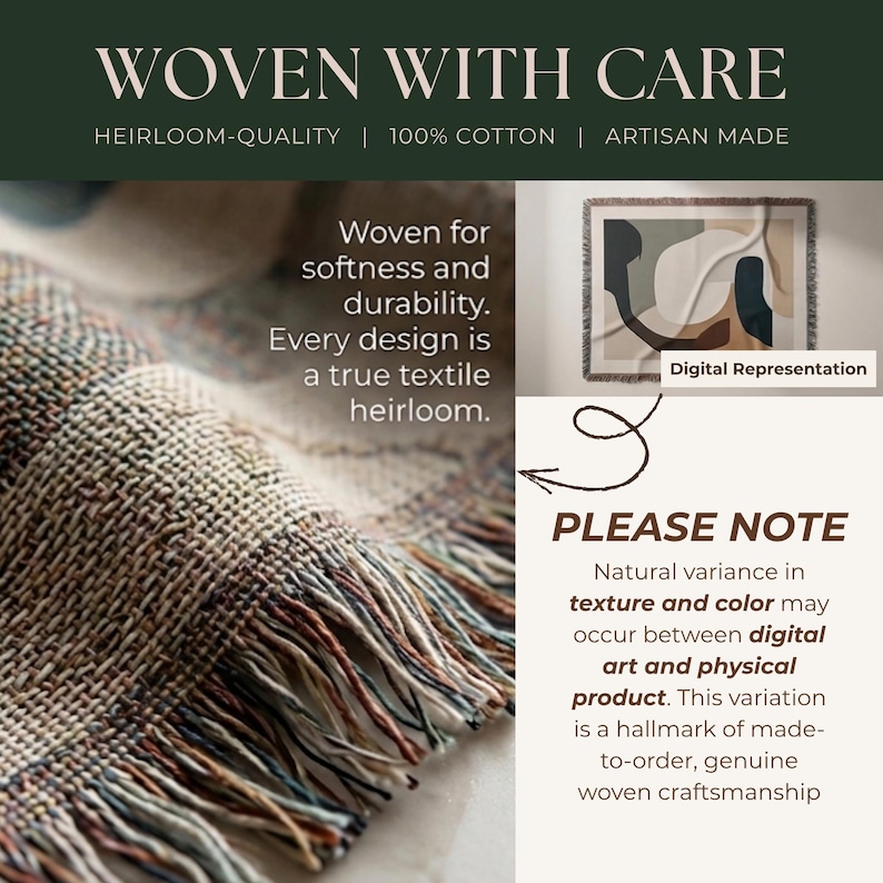 May include: A woven cotton throw blanket featuring a multi-colored textured pattern with fringe edges. The image includes text stating WOVEN WITH CARE, HEIRLOOM-QUALITY, 100% COTTON, ARTISAN MADE, and a digital representation of the abstract design.