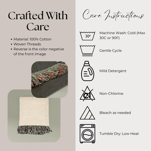 Op de afbeelding: Afbeelding met de tekst "Crafted With Care" en "Care Instructions". Het toont een geweven katoenen sprei met kleurrijke franjes en verzorgingssymbolen: machinewas koud, fijne was, mild wasmiddel, geen chloor en drogen in de droger op lage temperatuur.