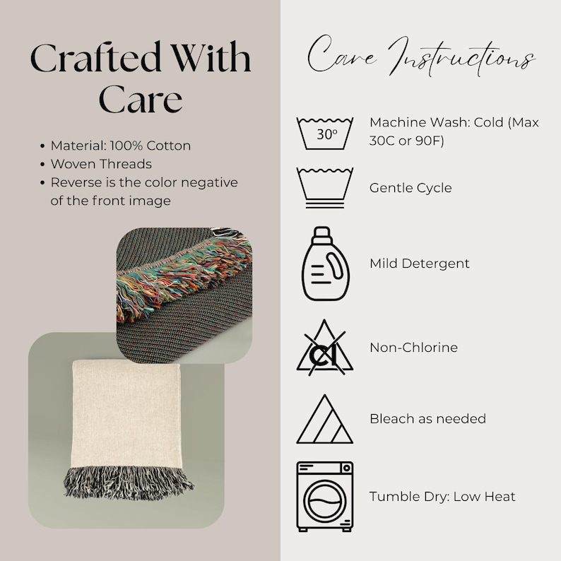 Op de afbeelding: Afbeelding met de tekst "Crafted With Care" en "Care Instructions". Het toont een geweven katoenen sprei met kleurrijke franjes en verzorgingssymbolen: machinewas koud, fijne was, mild wasmiddel, geen chloor en drogen in de droger op lage temperatuur.